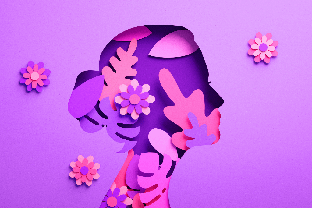 International Women's Day poster with woman silhouette and floral ornaments in paper cut 3D illustration. Female face flyer for feminism, independence, empowerment and women's equality concept