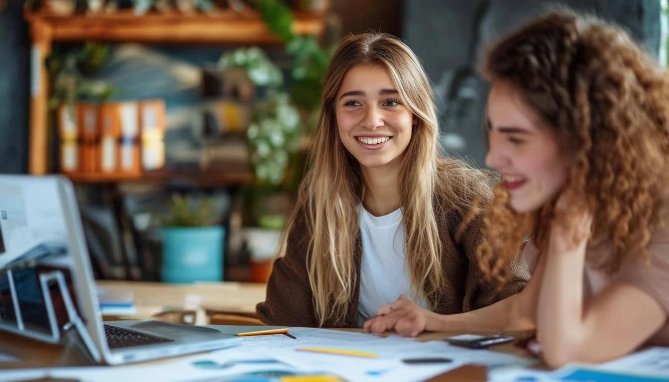 Two young adults collaborating at a creative workspace, smiling and engaged in planning with a laptop and documents on the table, representing teamwork and entrepreneurial spirit.